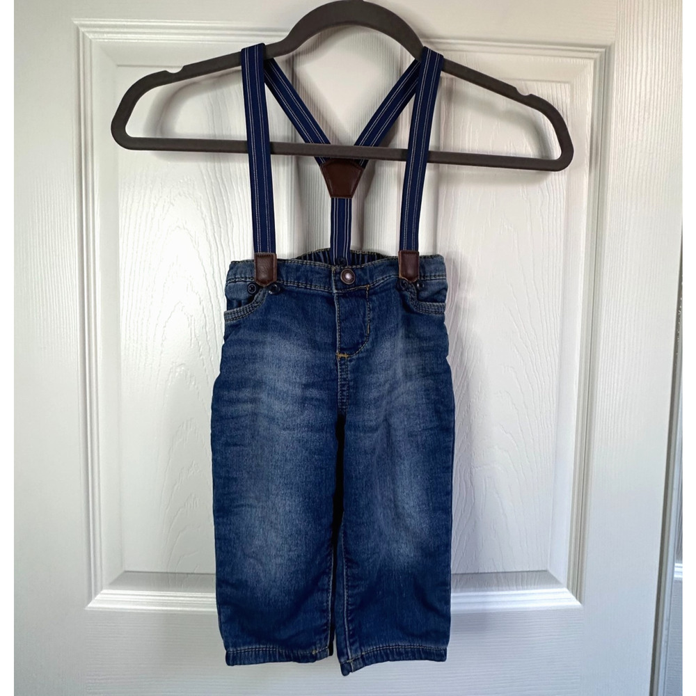 OshKosh B'Gosh Baby Boy 6-9 Month Medium Wash Knit Denim Jeans Blue Suspenders